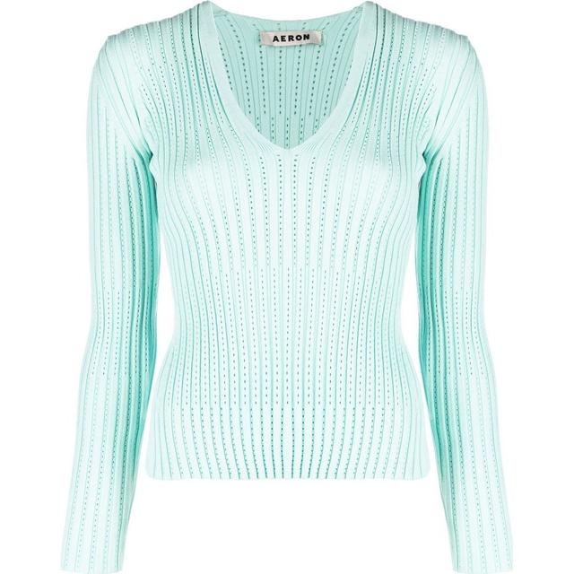 Megztinis moterims, Žalia, Long sleeve v neck top