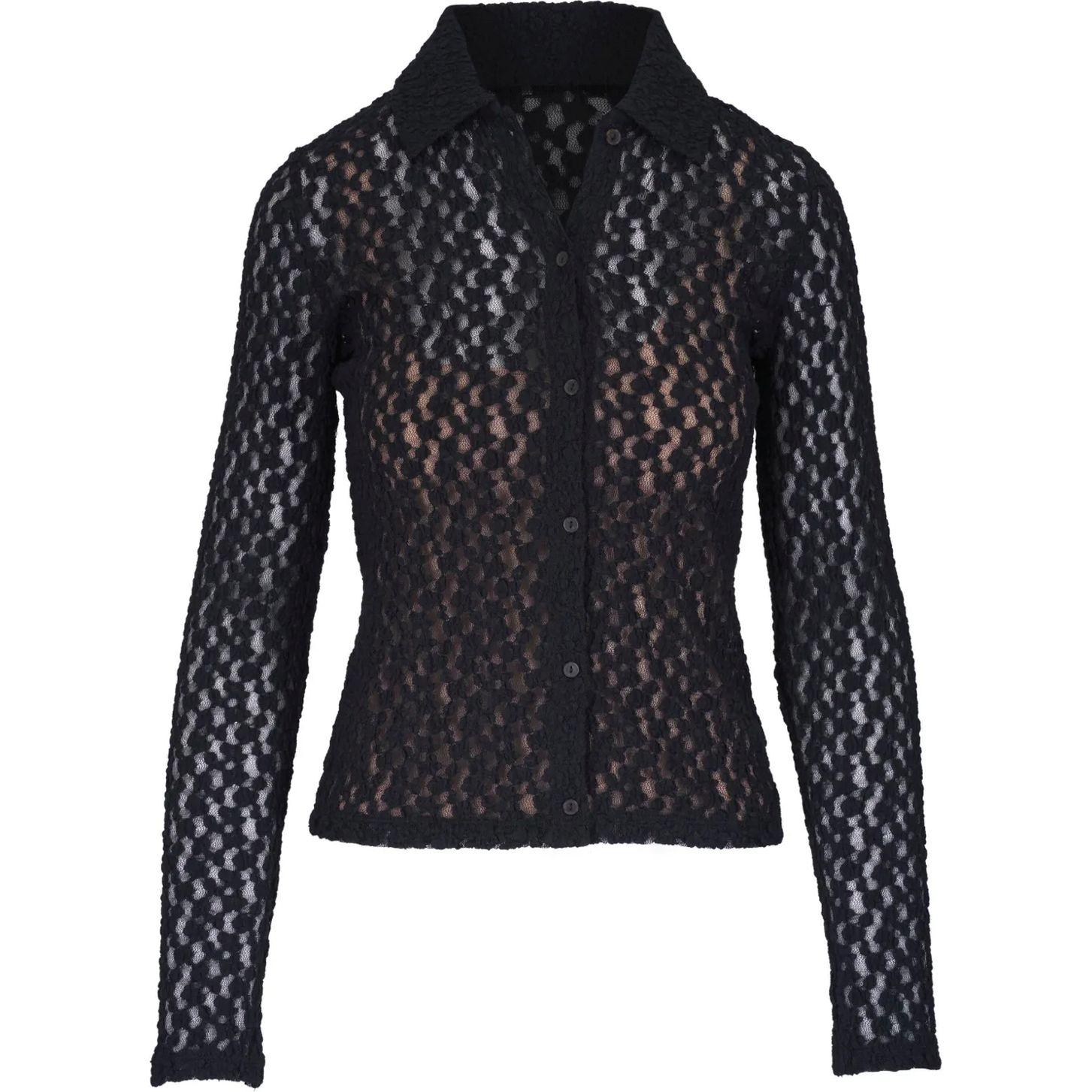 Marškiniai ilgomis rankovėmis moterims, Juoda, Floral smocked l/s button up