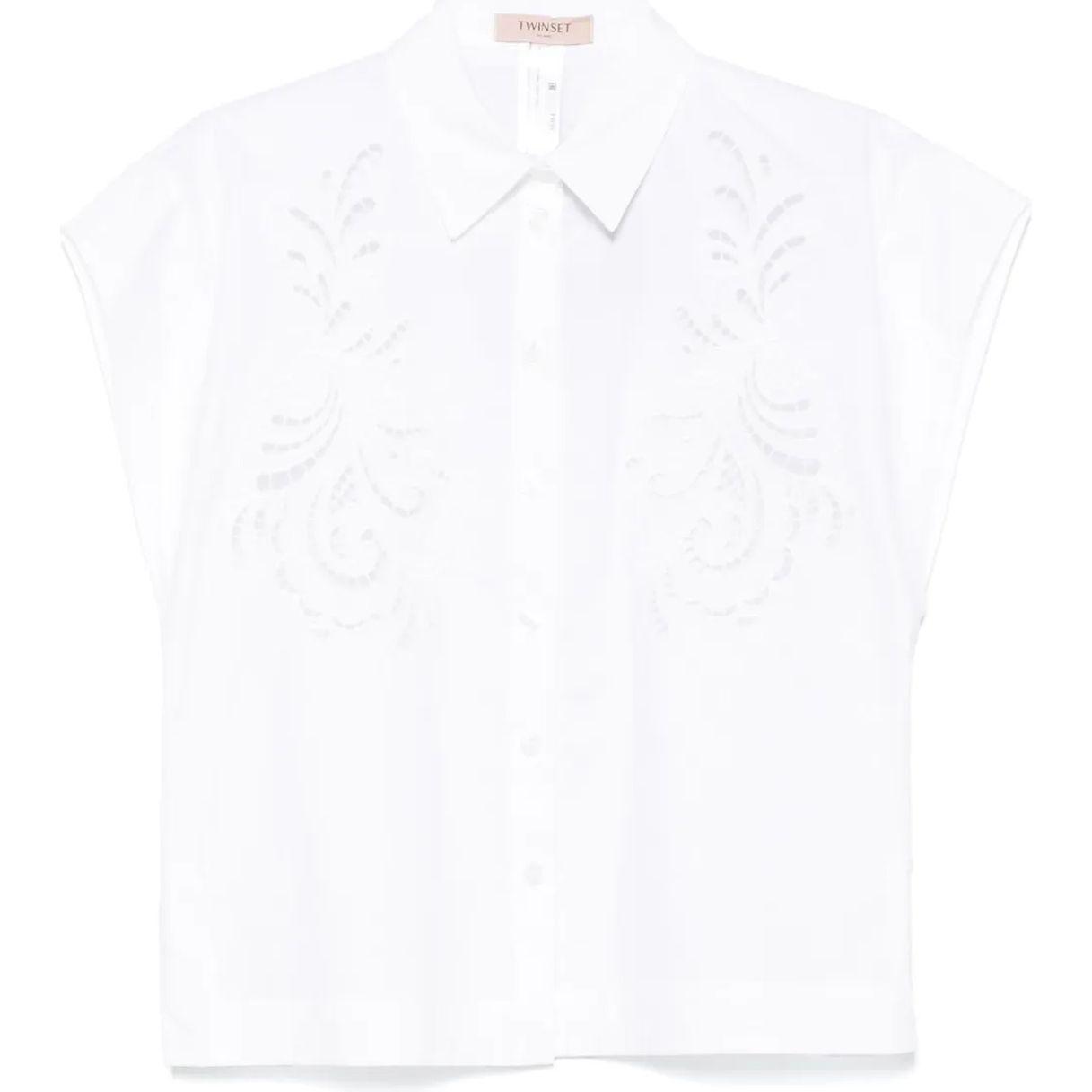 Marškiniai trump. rankovėmis moterims, Balta, Embroidered poplin shirt