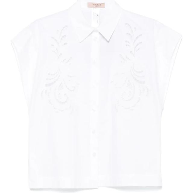 Marškiniai trump. rankovėmis moterims, Balta, Embroidered poplin shirt