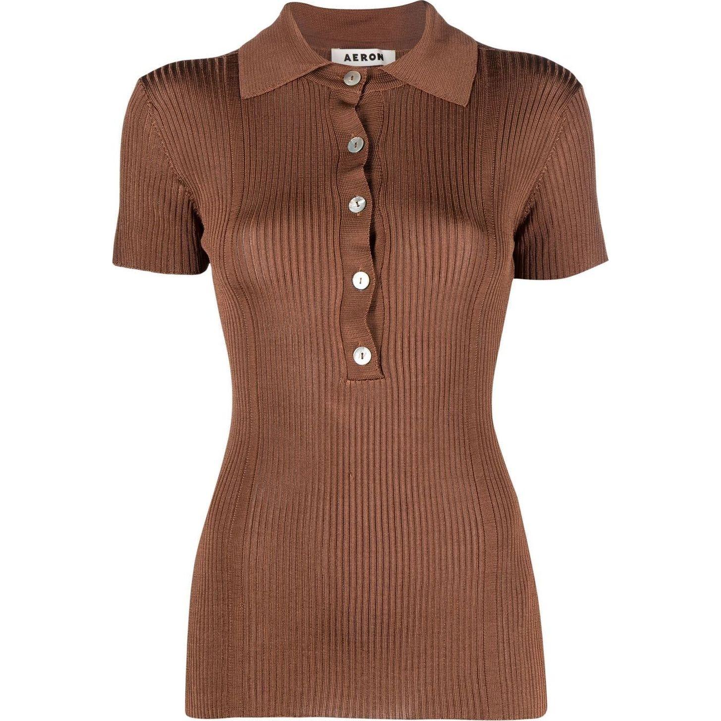 Polo marškiniai trumpos rank. moterims, Ruda, Ribbed short sleeve polo top