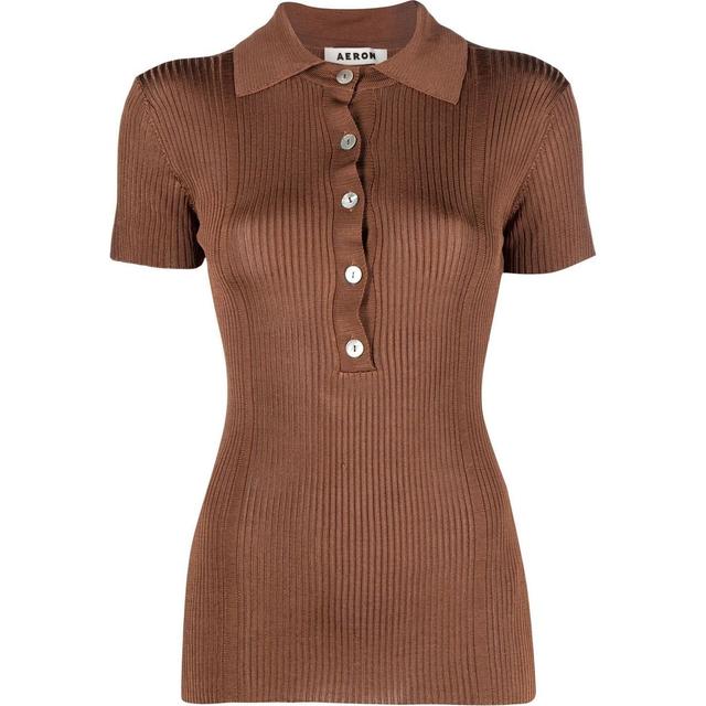 Polo marškiniai trumpos rank. moterims, Ruda, Ribbed short sleeve polo top