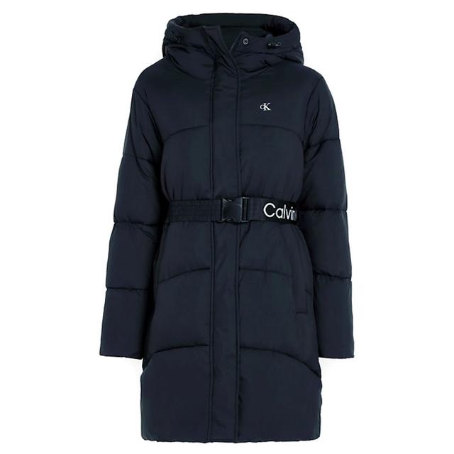 Pūkinis paltas moterims, Juoda, Logo belt long puffer