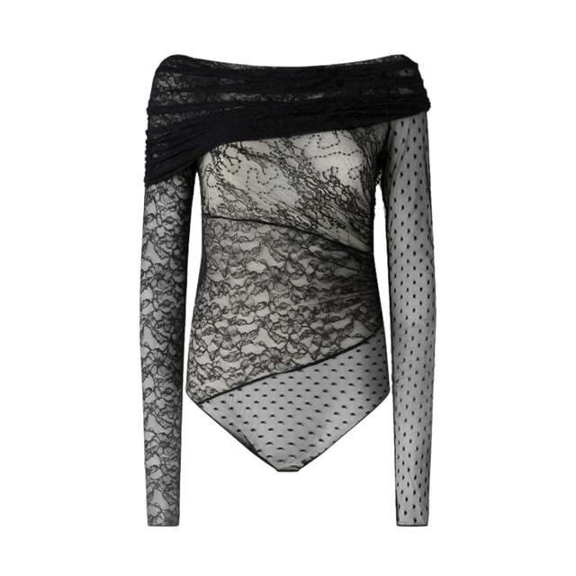 Bodis moterims, Juoda, Patchwork-effect lace bodysuit