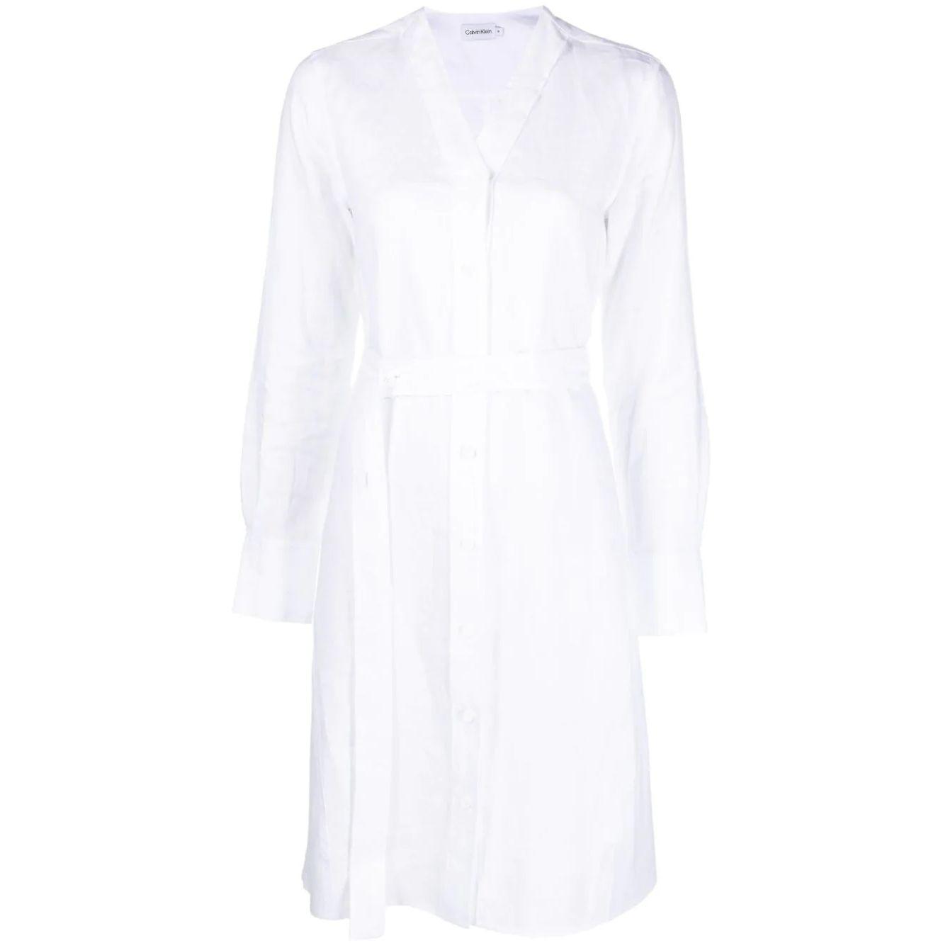 Midi suknelė moterims, Balta, Linen collarless midi dress