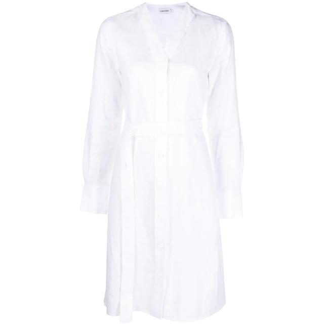 Midi suknelė moterims, Balta, Linen collarless midi dress