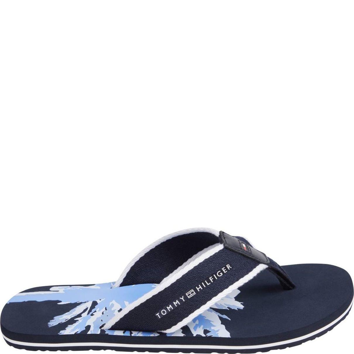 Pliažo šlepetės per pirštą vyrams, Mėlyna, Palm print beach sandal