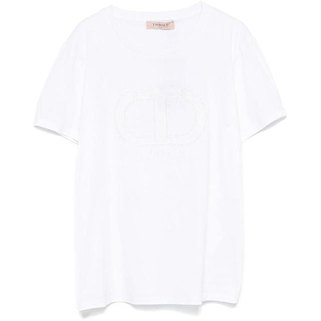 Marškinėliai trump. rankovėmis moterims, Balta, T-shirt with logo embroidery