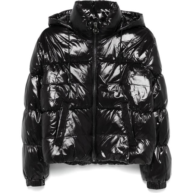 Pūkinė striukė moterims, Juoda, Hooded high shine down jackets