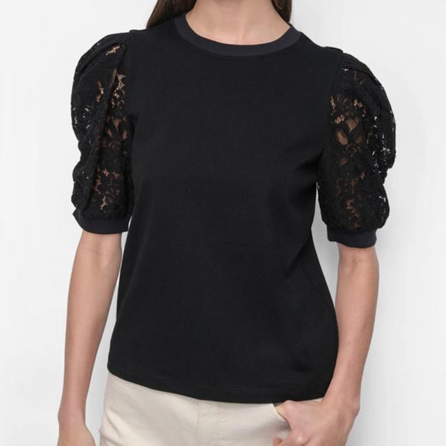 Palaidinės moterims, Juoda, Lace puff sleeve cre