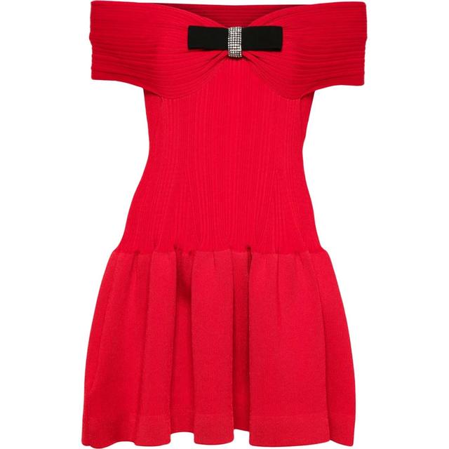 Mini suknelė moterims, Raudona, Knit bow mini dress