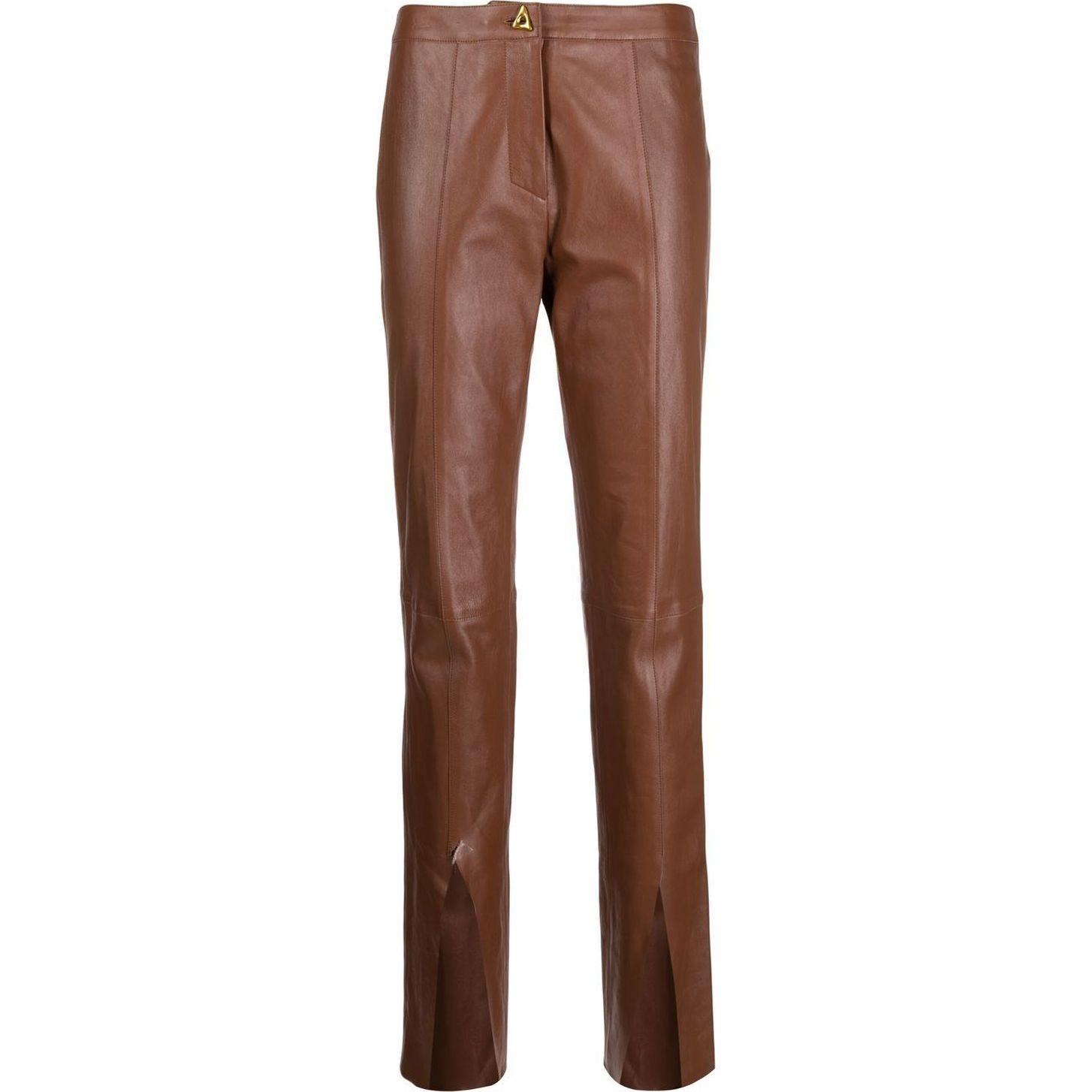 Laisvalaikio kelnės moterims, Ruda, Slit-front leather pants
