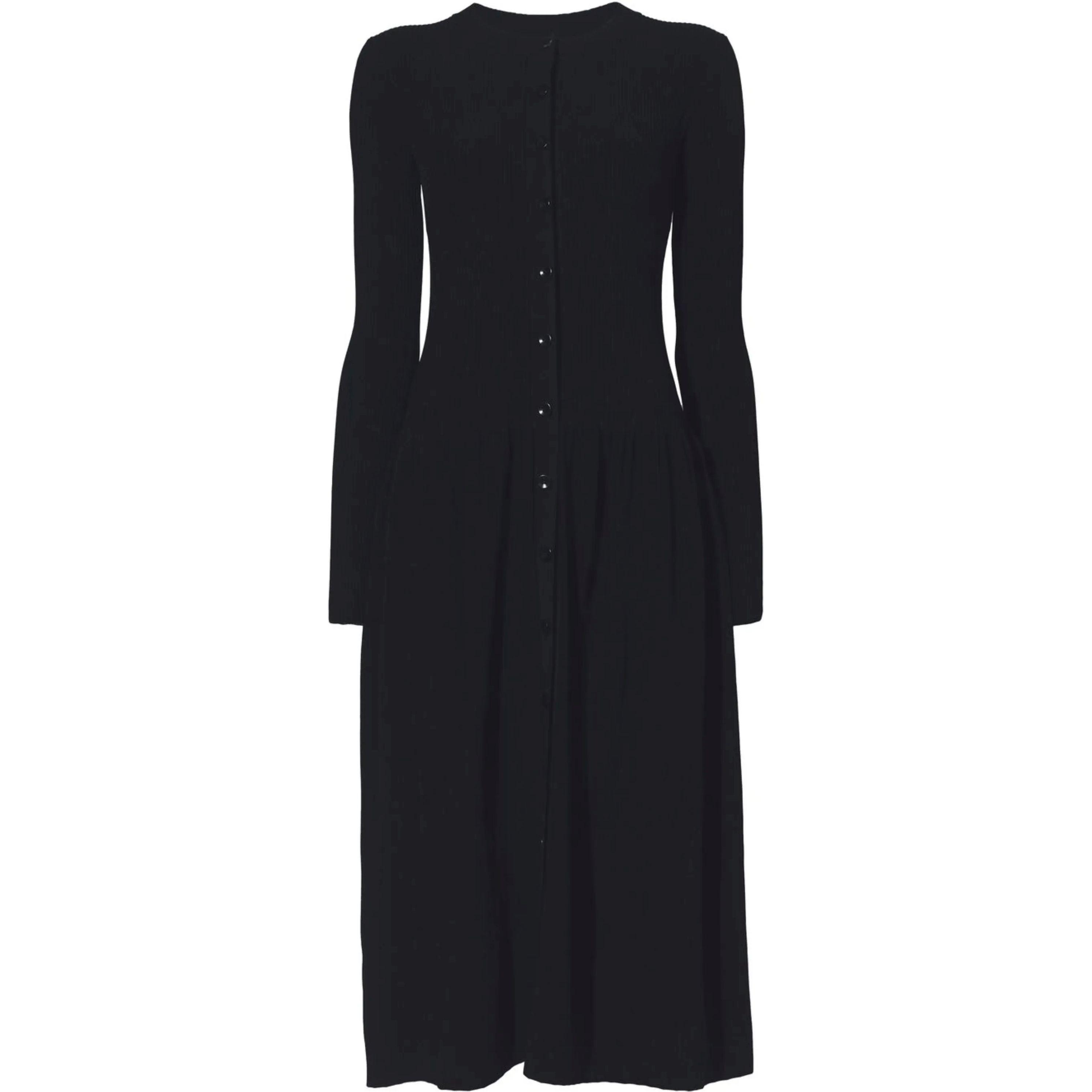 Megzta suknelė moterims, Juoda, Rib knit button front dress