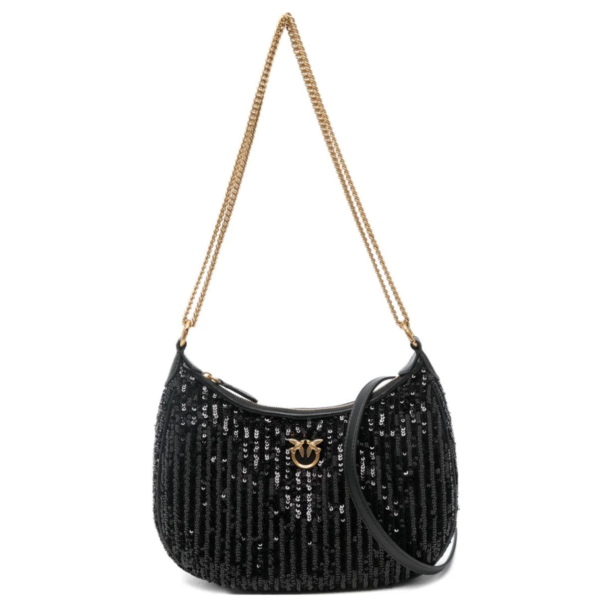 Rankinė per petį moterims, Juoda, Half moon mini c pelle + paill