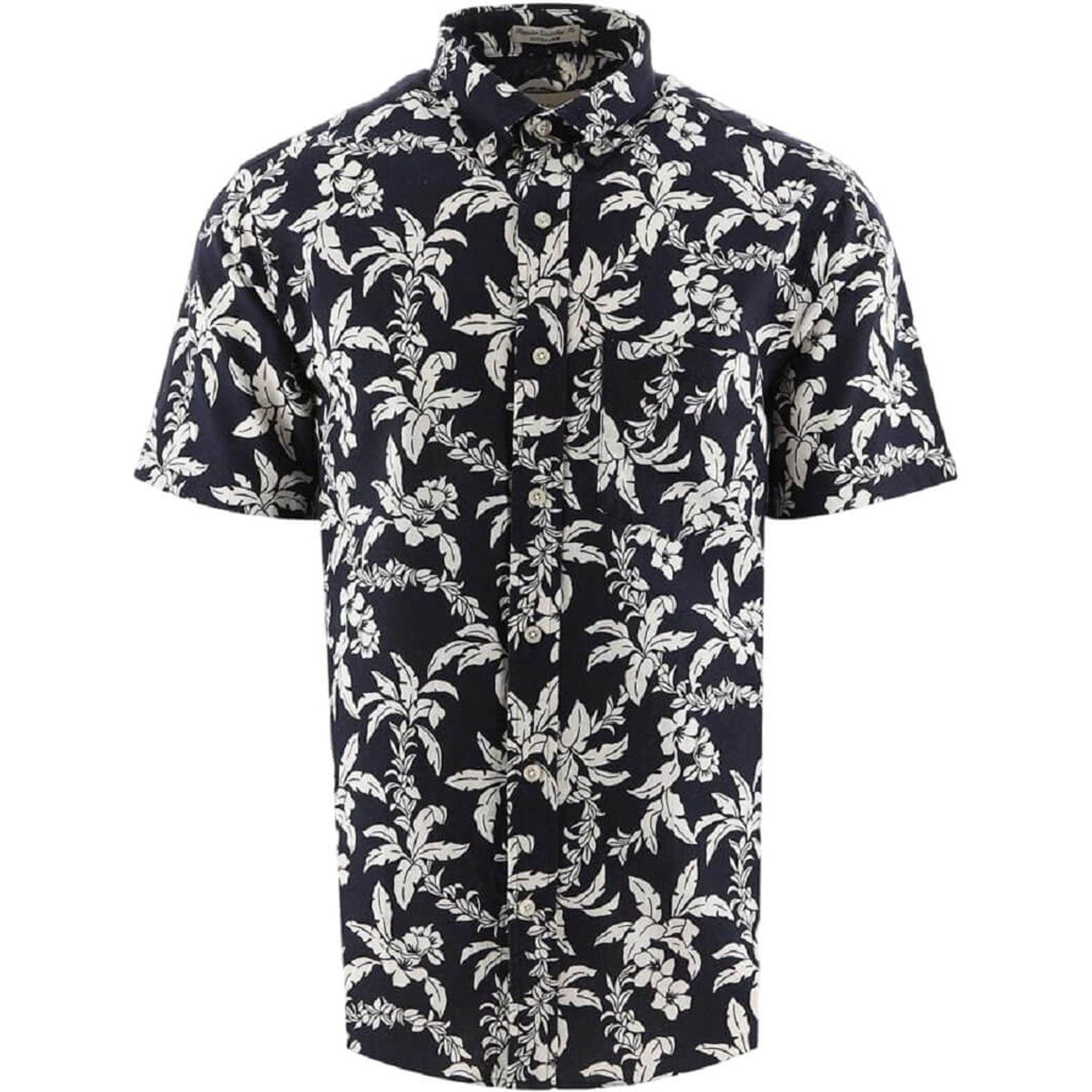 Marškiniai vyrams, Mėlyna, REG COTTON LINEN PALM SS SHIRT