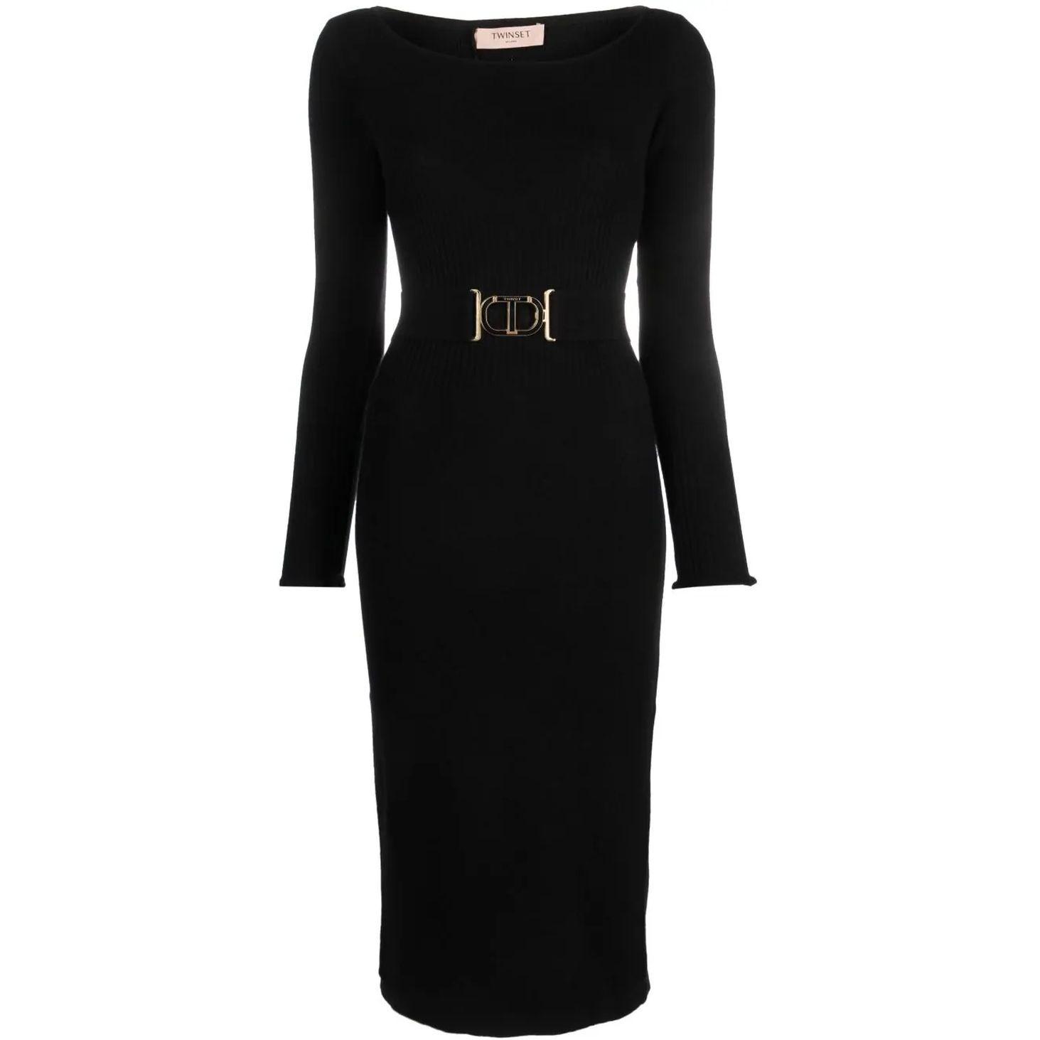 Megzta suknelė moterims, Juoda, Belted dress