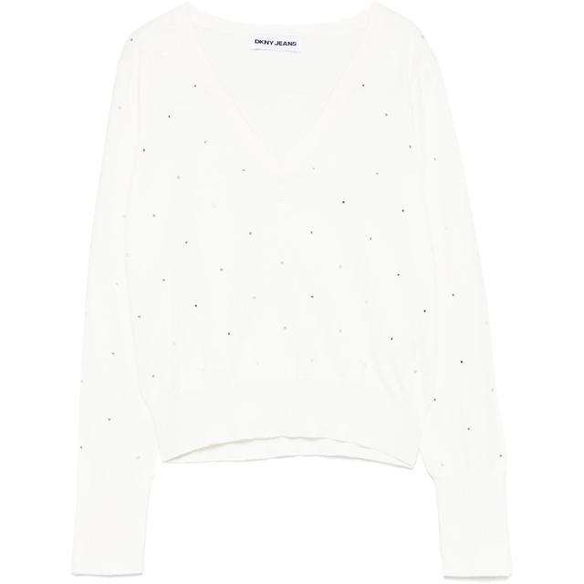 Megztinis moterims, Smėlio, V neck sweater with studs