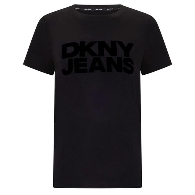 Marškinėliai trump. rankovėmis moterims, Juoda, Flocked logo crew ne