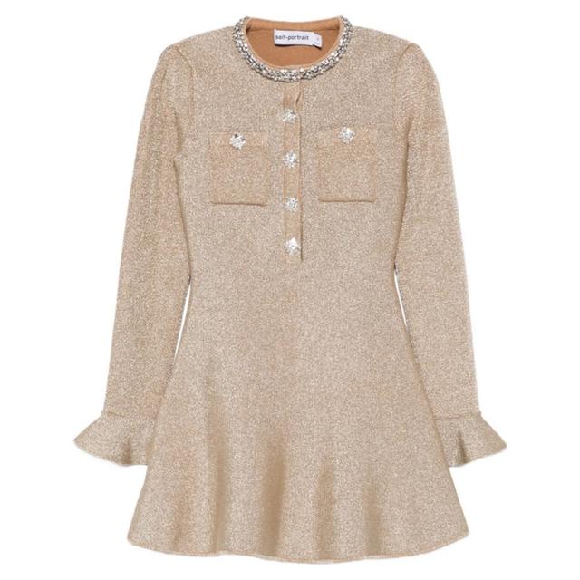 Mini suknelė moterims, Auksinė, Crystal trim knit mini dress