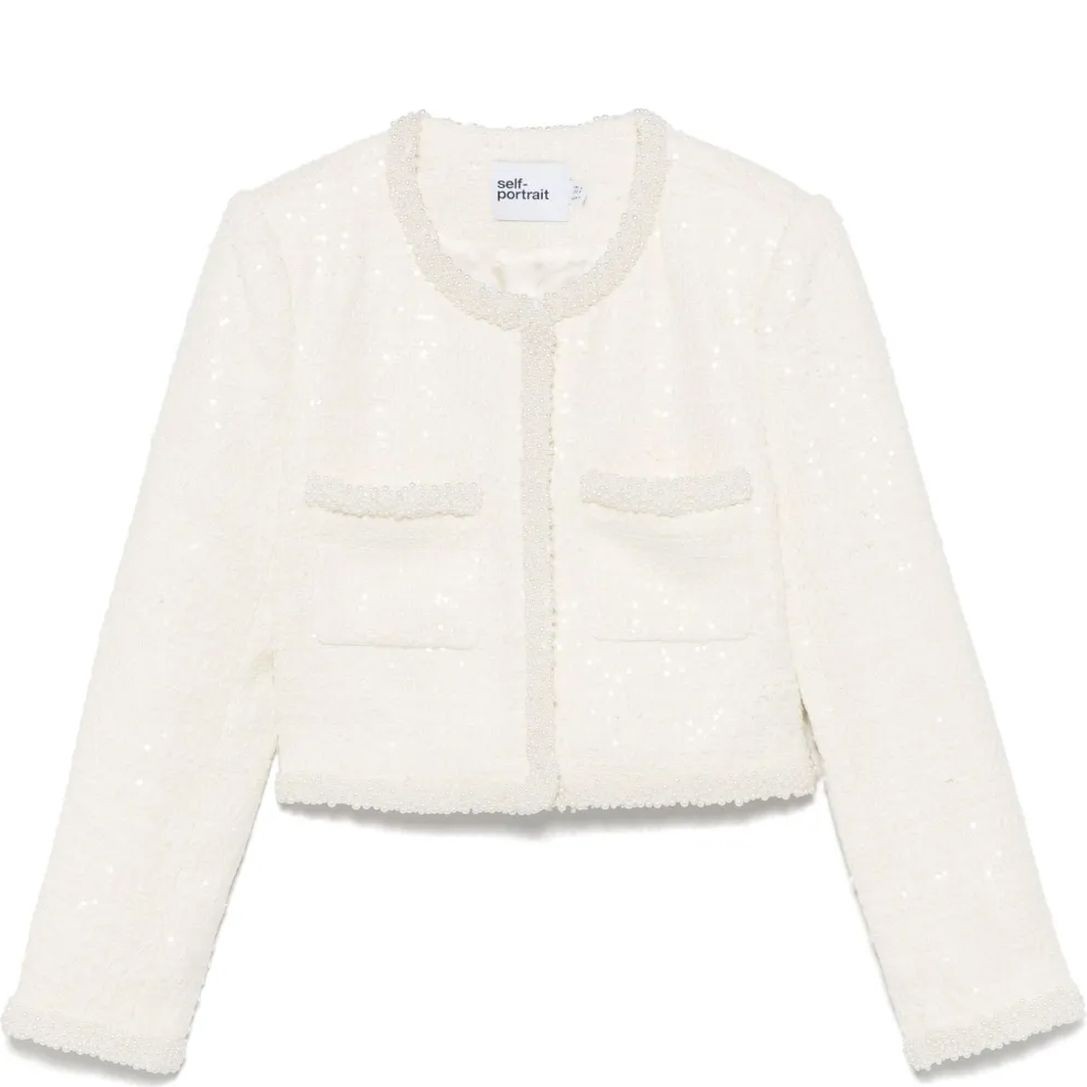 SELF PORTRAIT Švarkas moterims, Smėlio, Boucle faux-pearl-trim blazer