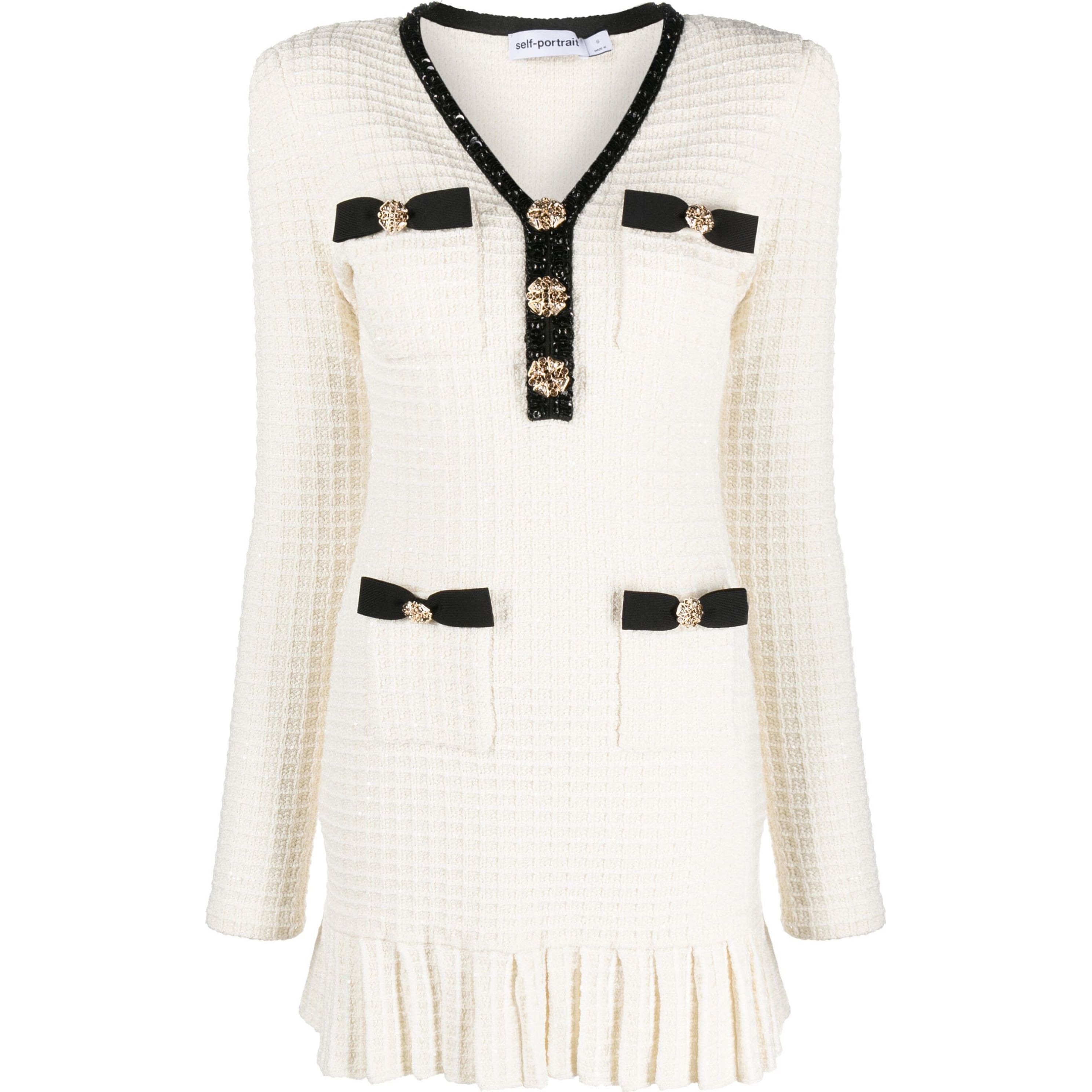 SELF PORTRAIT Mini suknelė moterims, Kūno, Cream textured knit mini dress