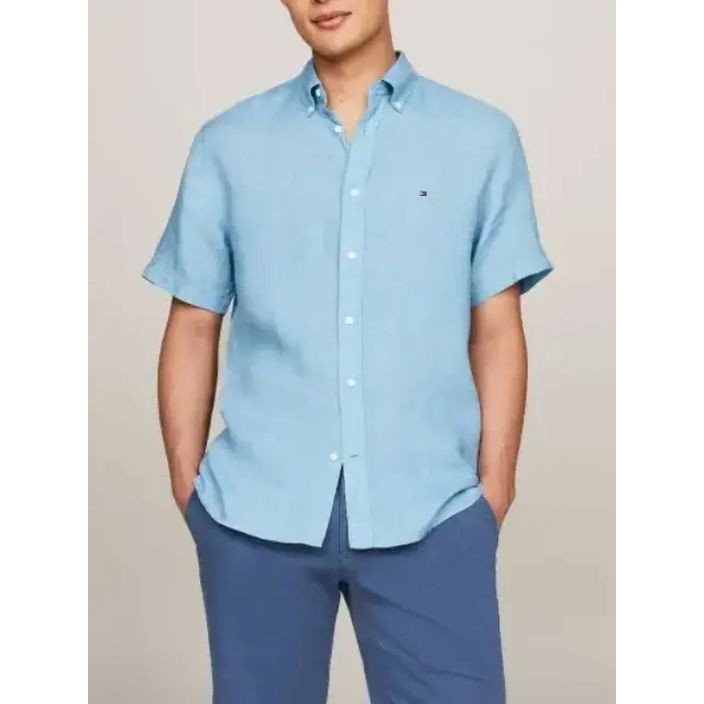 TOMMY HILFIGER Marškiniai trump. rankovėmis vyrams, Mėlyna, Pigment dyed linen shirt s/s 2