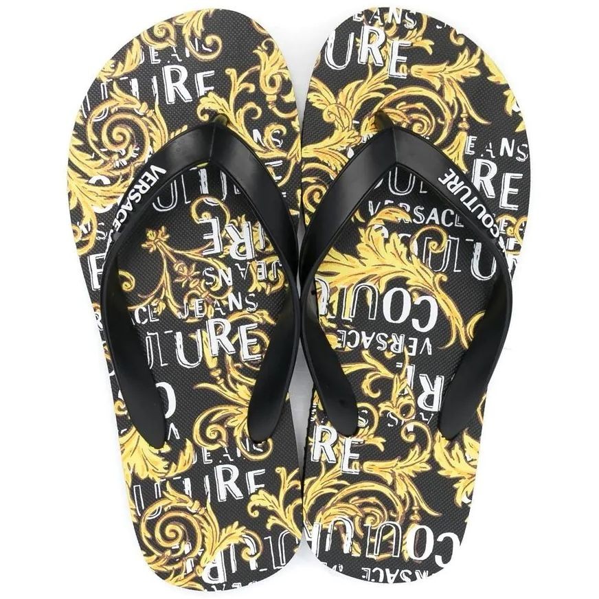 VERSACE JEANS CUTURE Pliažo šlepetės per pirštą moterims, BLACK/GOLD, Fondo flip-flops 4