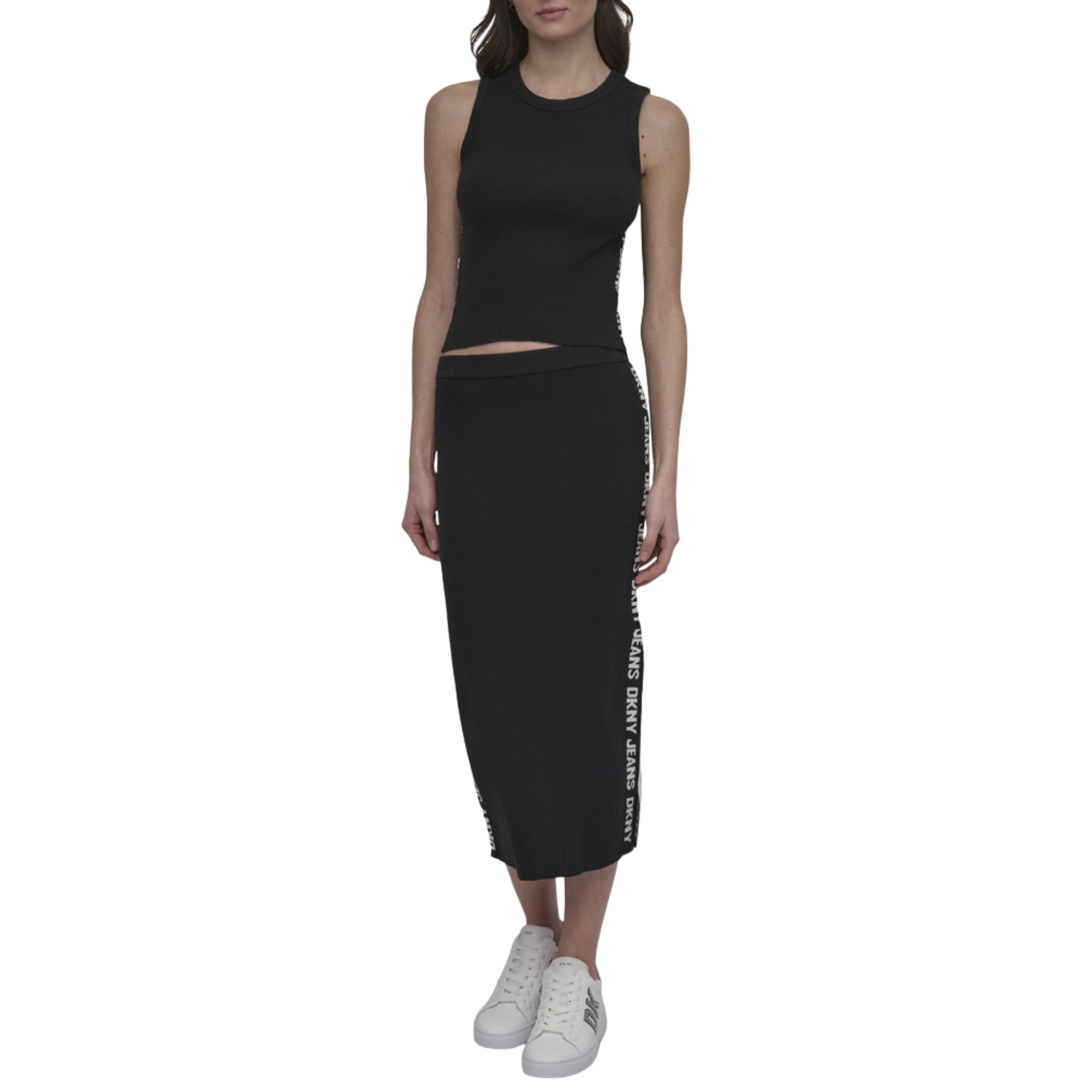 DKNY Midi sijonas moterims, Juoda, Side logo rib midi skirt 1
