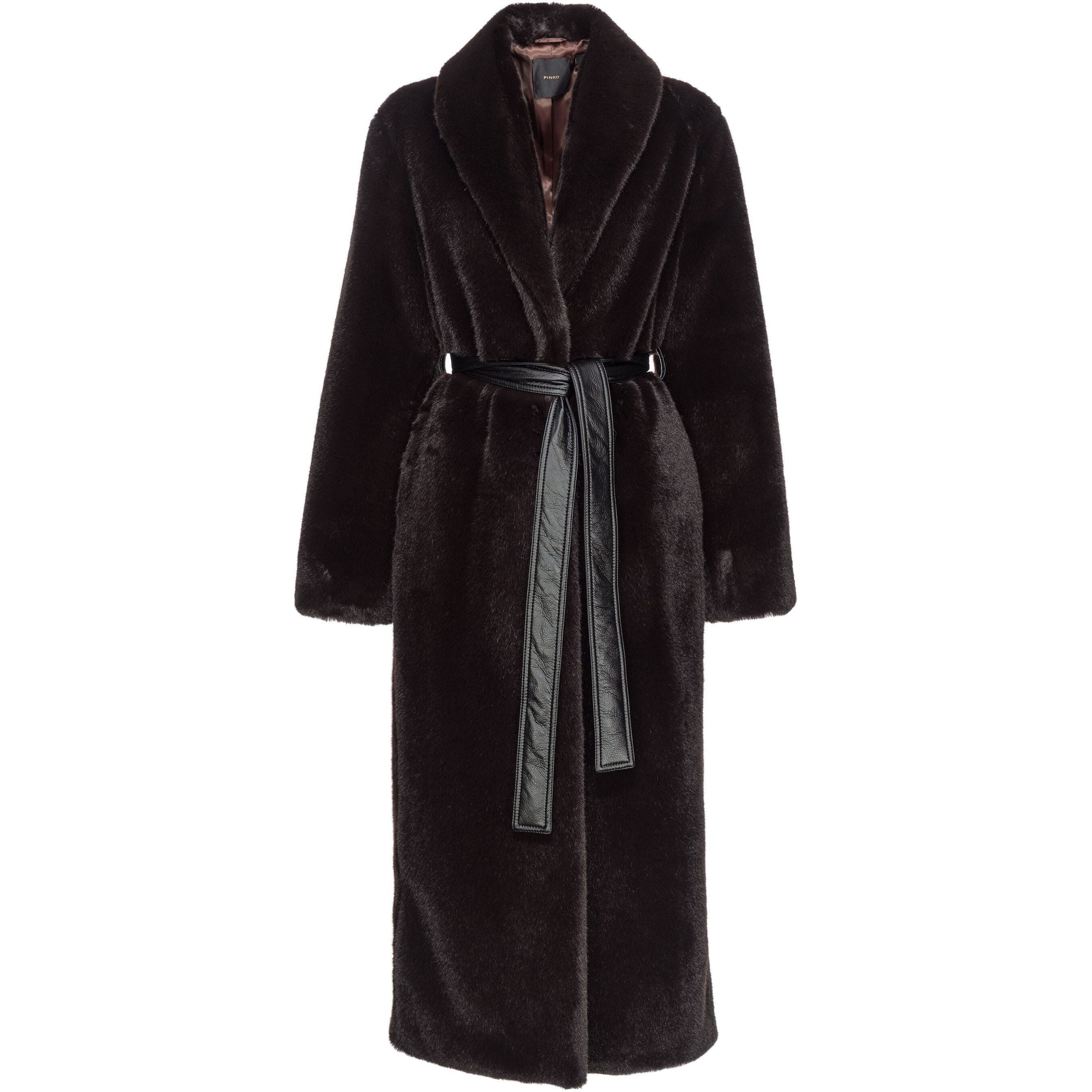 PINKO Paltas moterims, Juoda, Belted faux-fur coat 1
