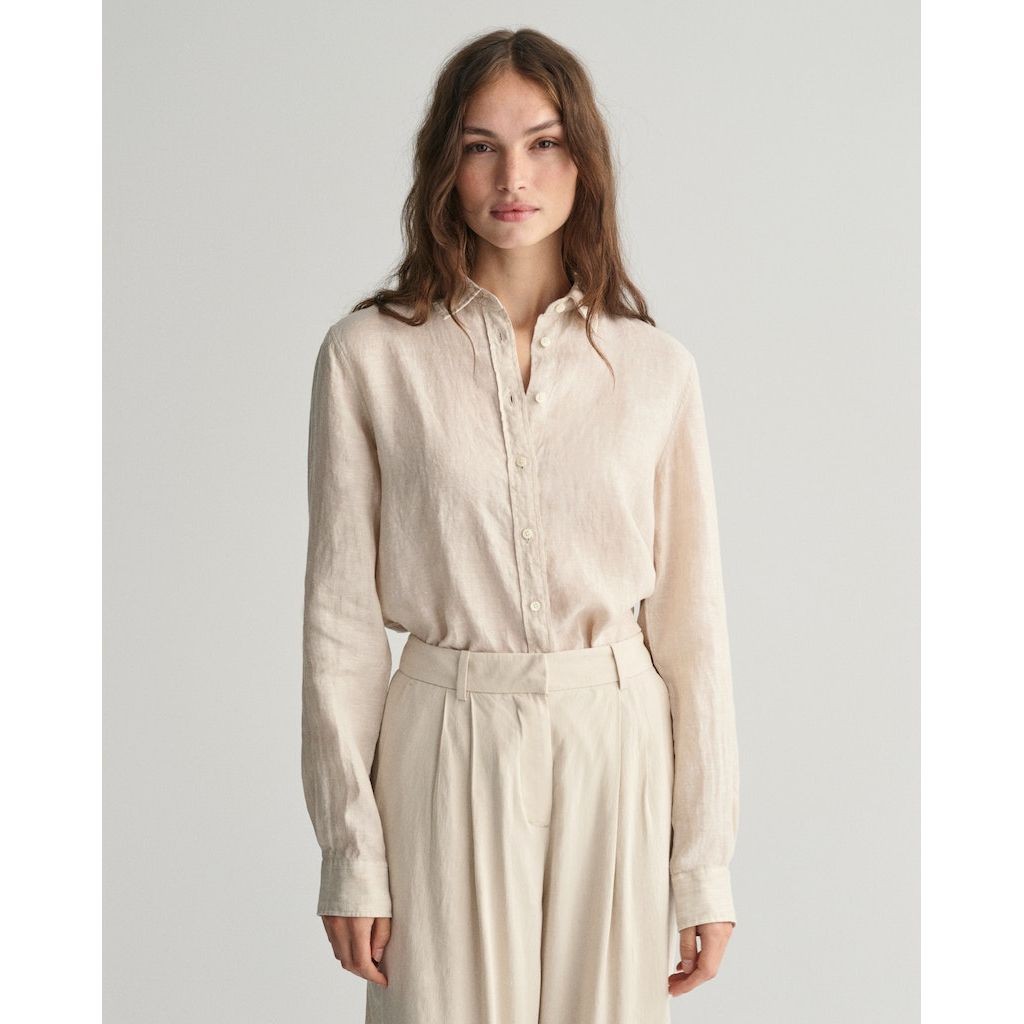 GANT Marškiniai moterims, Smėlio, REG LINEN CHAMBRAY SHIRT 2