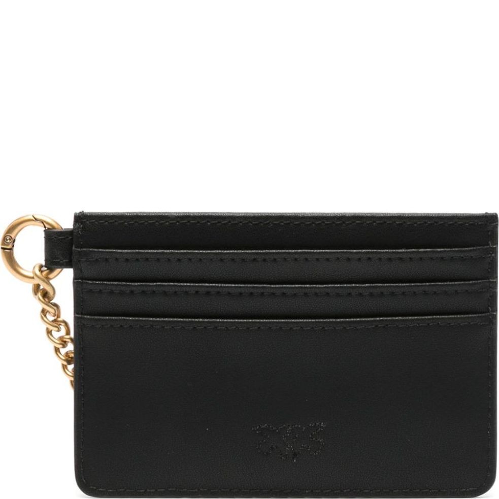 PINKO Kortelių dėklas moterims, Juoda, Leather card holder with chain 2
