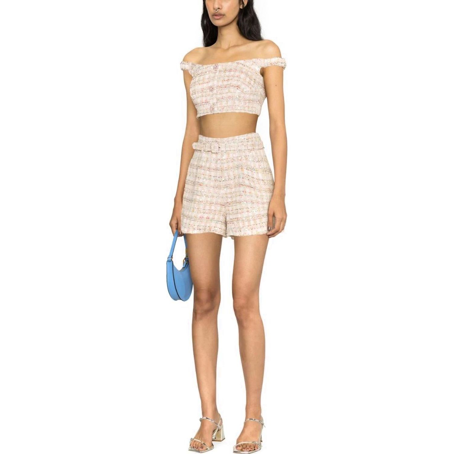 SELF PORTRAIT Šortai moterims, Rožinė, Pink sequin boucle shorts 2