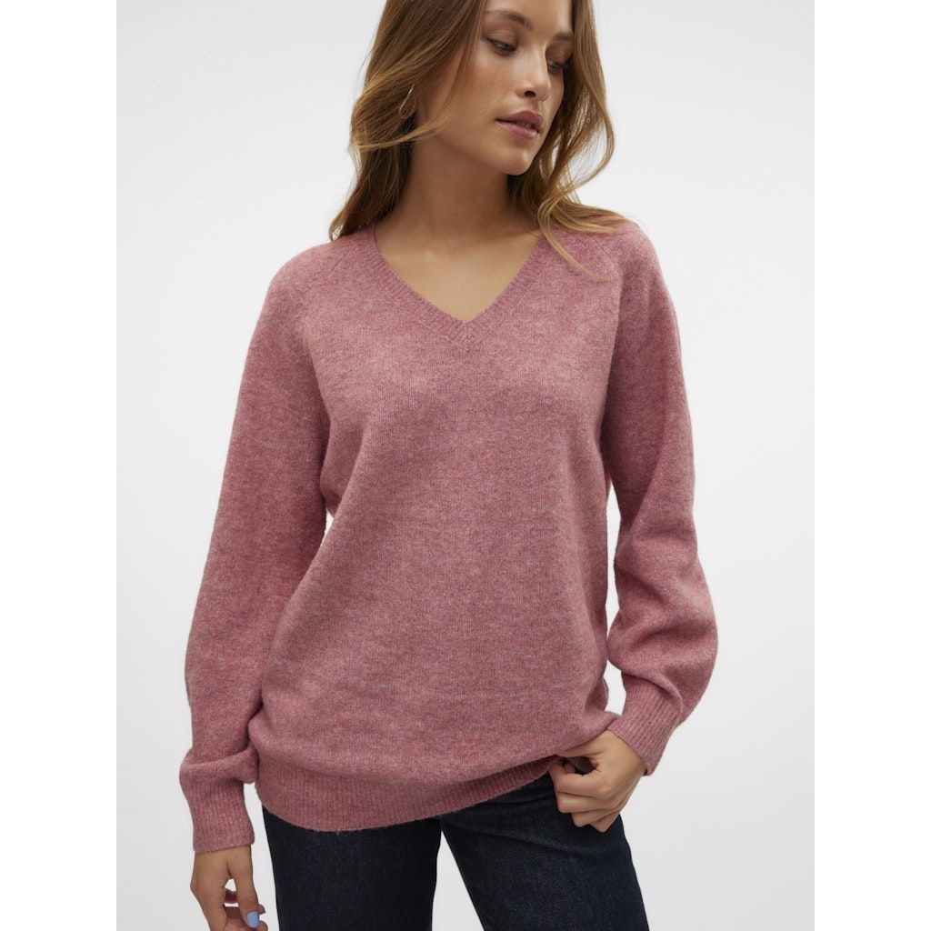 VERO MODA Megztinis moterims, Rožinė, Leaf long v-neck pullover 5