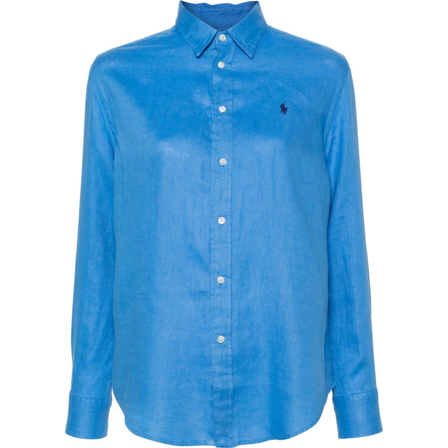 POLO RALPH LAUREN Marškiniai ilgomis rankovėmis moterims, Mėlyna, Logo embroidered linen shirt
