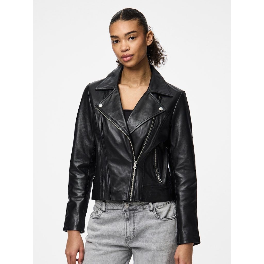 PIECES Striukė moterims, Juoda, PCSUSSE LEATHER JACKE 3