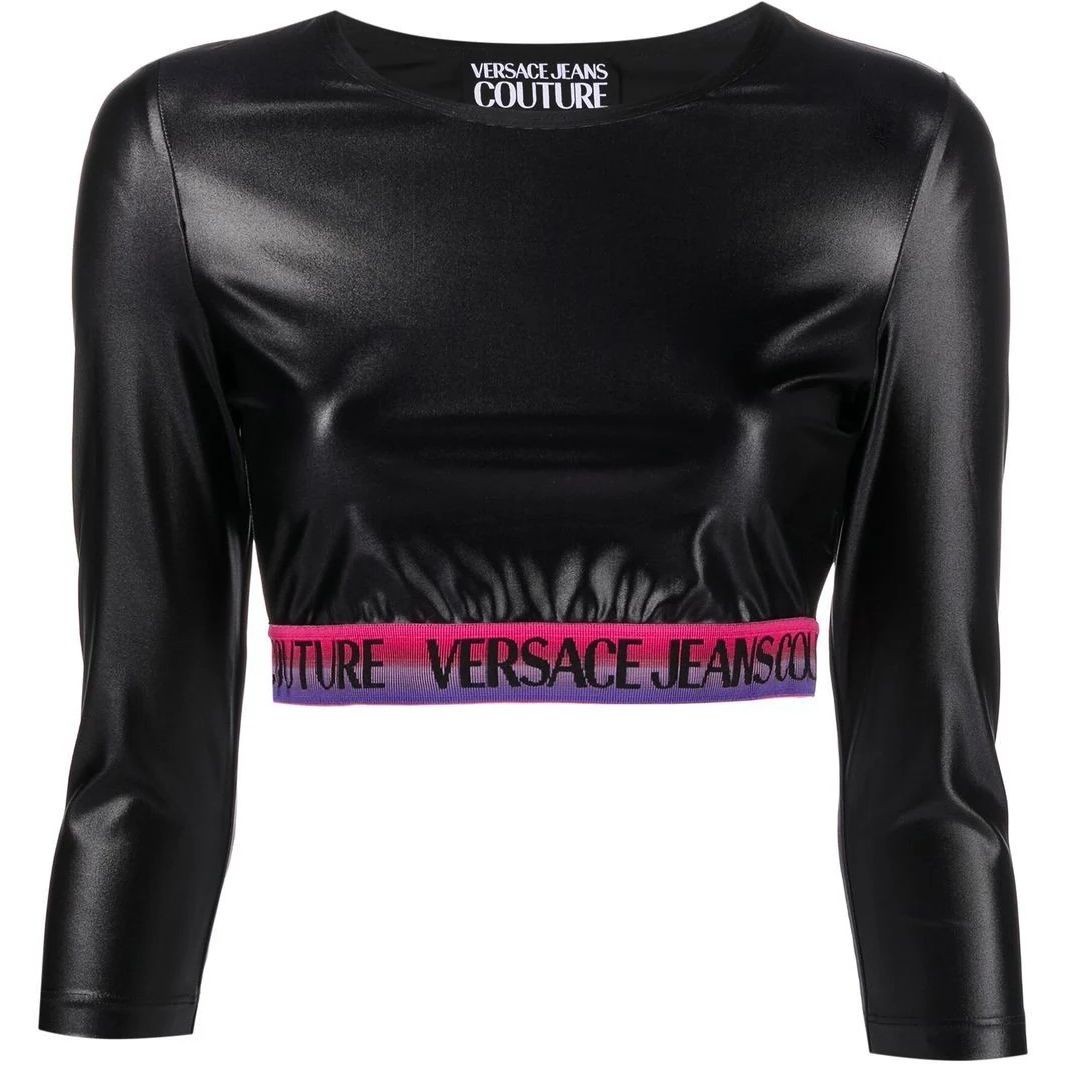 VERSACE JEANS CUTURE Trumpinti marškinėliai moterims, Juoda, Long sleeve crop top 1