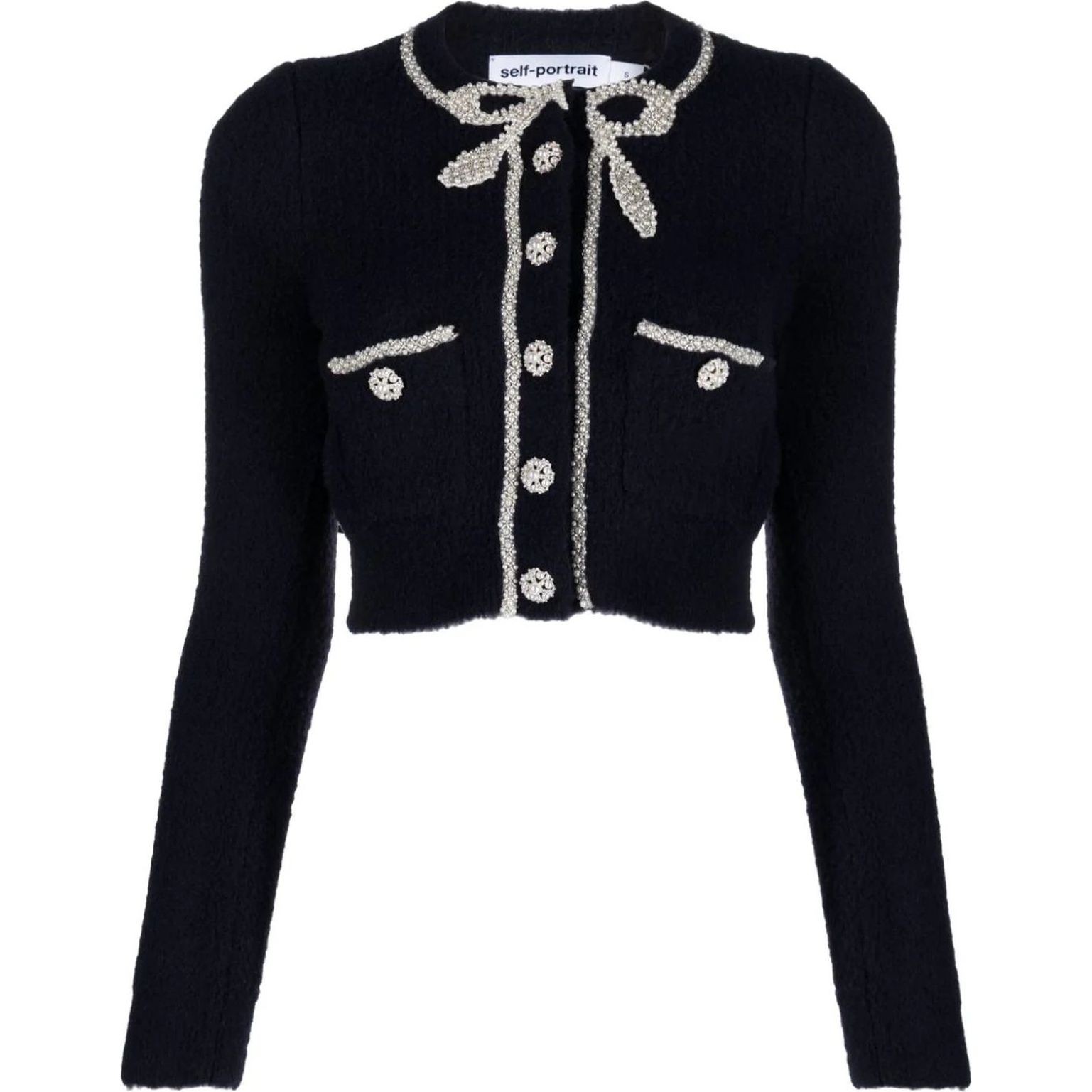 SELF PORTRAIT Kardiganas moterims, Mėlyna, Navy soft knit bow cardigan 1