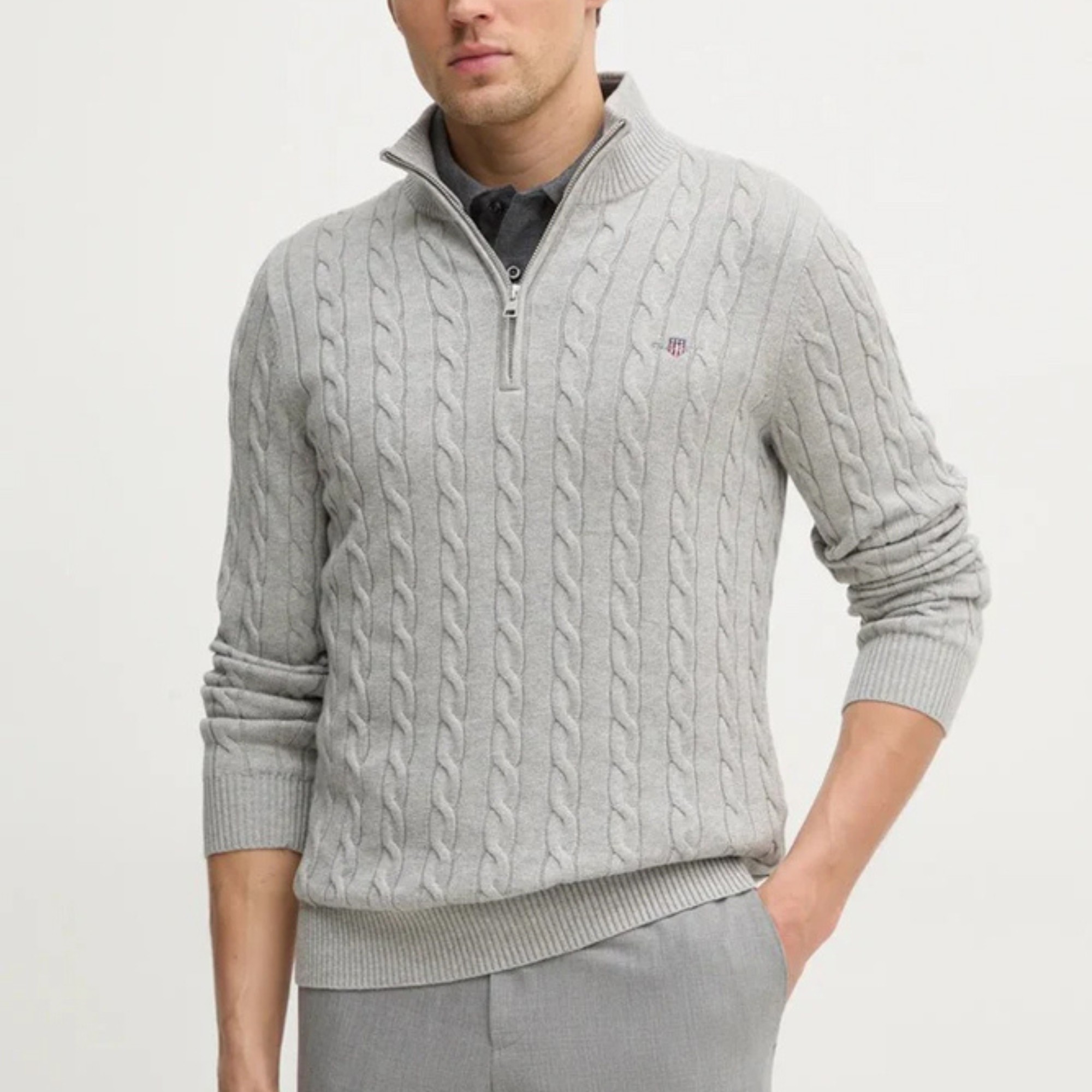 GANT Megztinis vyrams, Pilka, cotton cable half zip 1