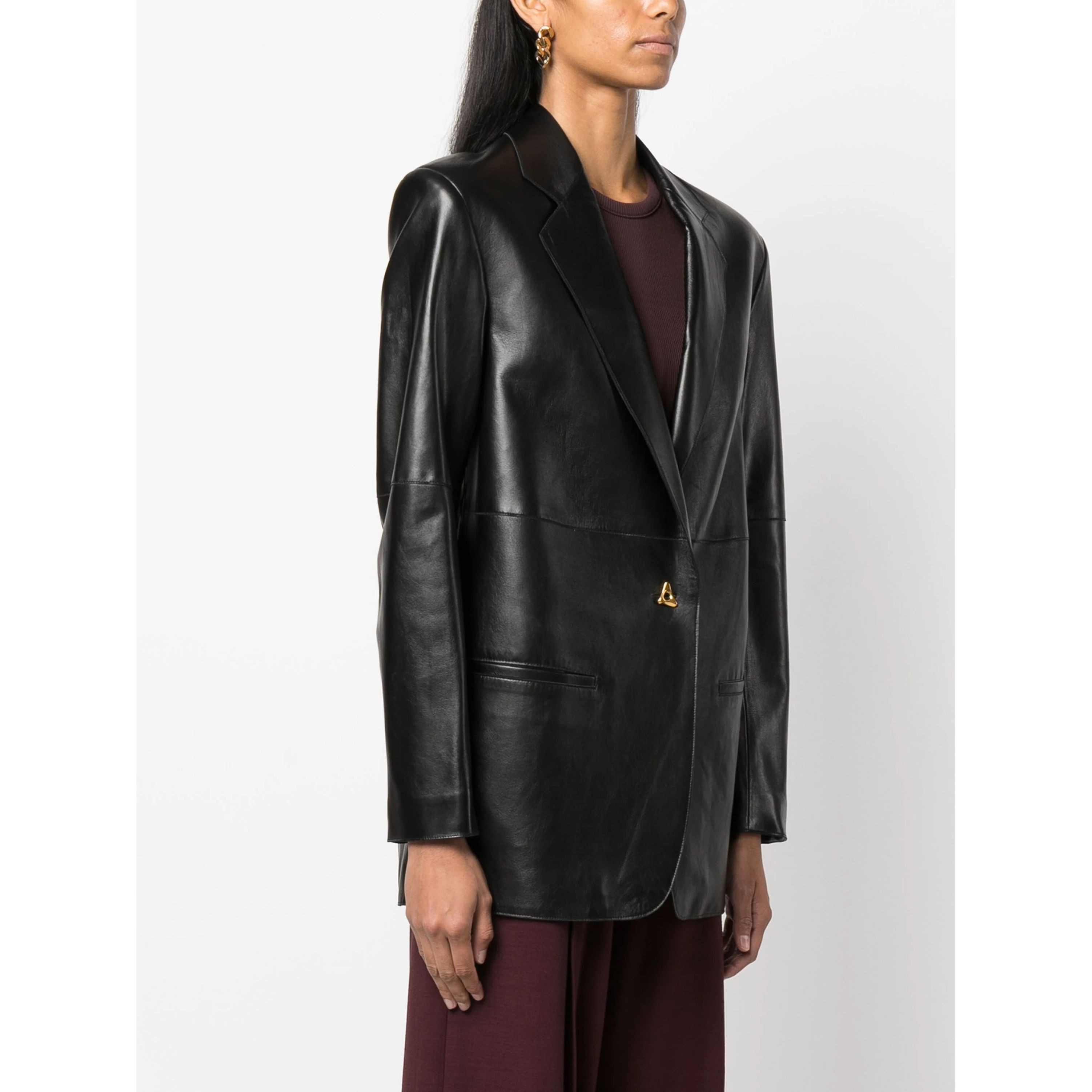 AERON Švarkas moterims, Juoda, Classic leather blazer 2