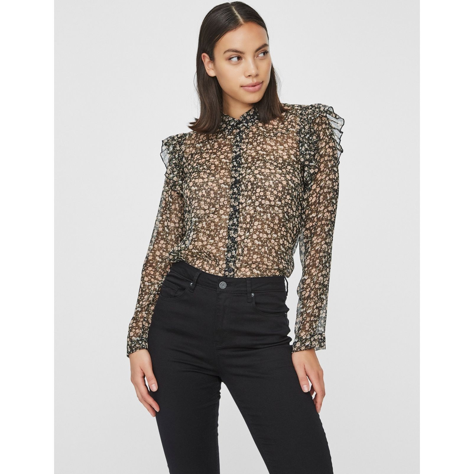 VERO MODA Marškiniai moterims, Juoda, VMLOLA L/S FLOUN 5