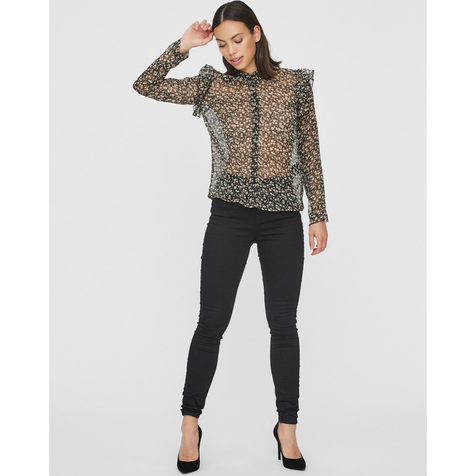 VERO MODA Marškiniai moterims, Juoda, VMLOLA L/S FLOUN 4