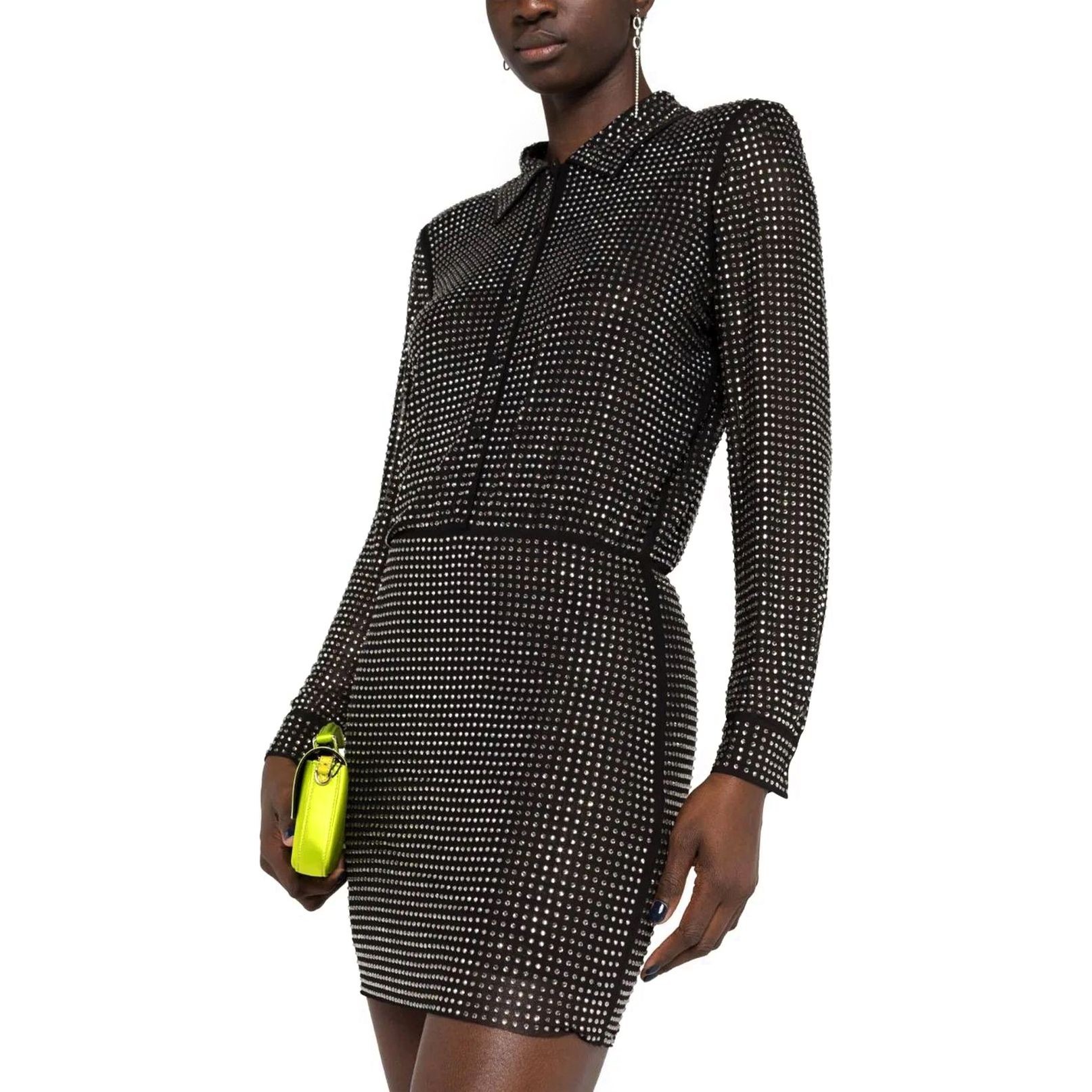 SELF PORTRAIT Mini suknelė moterims, Juoda, Rhinestone mini shirt dress 3