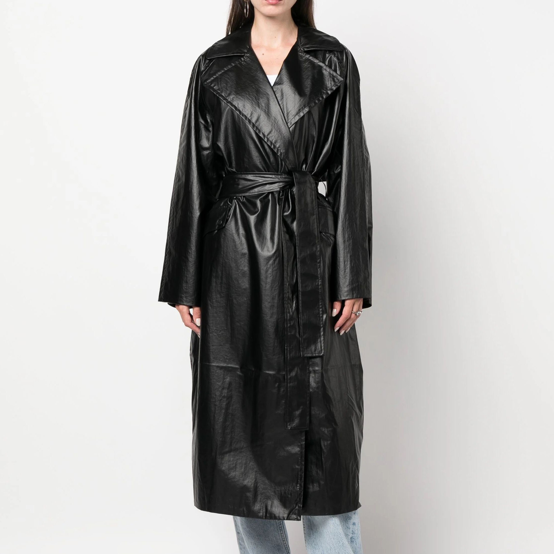 CALVIN KLEIN JEANS Odinis švarkas moterims, Juoda, Glossy trench coat 2