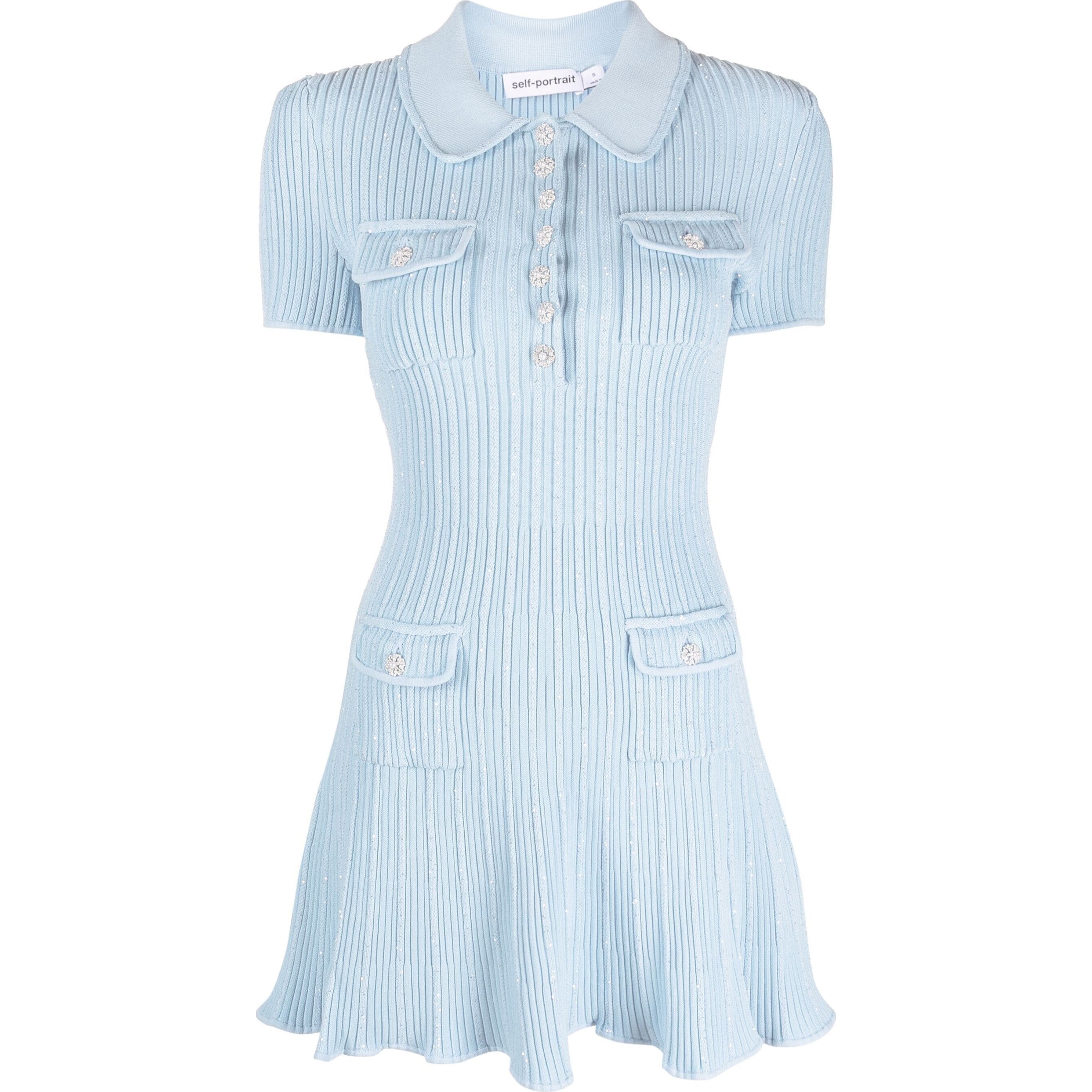 SELF PORTRAIT Mini suknelė moterims, Mėlyna, Blue sequin knit mini dress