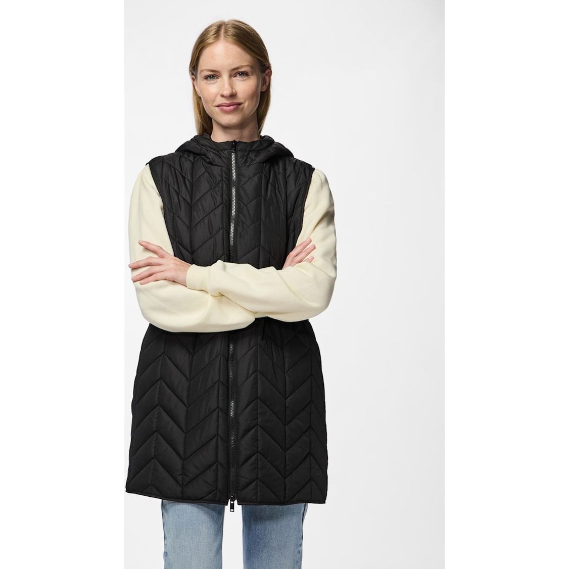 PIECES Pūkinė liemenė moterims, Juoda, Jasmin long vest 6