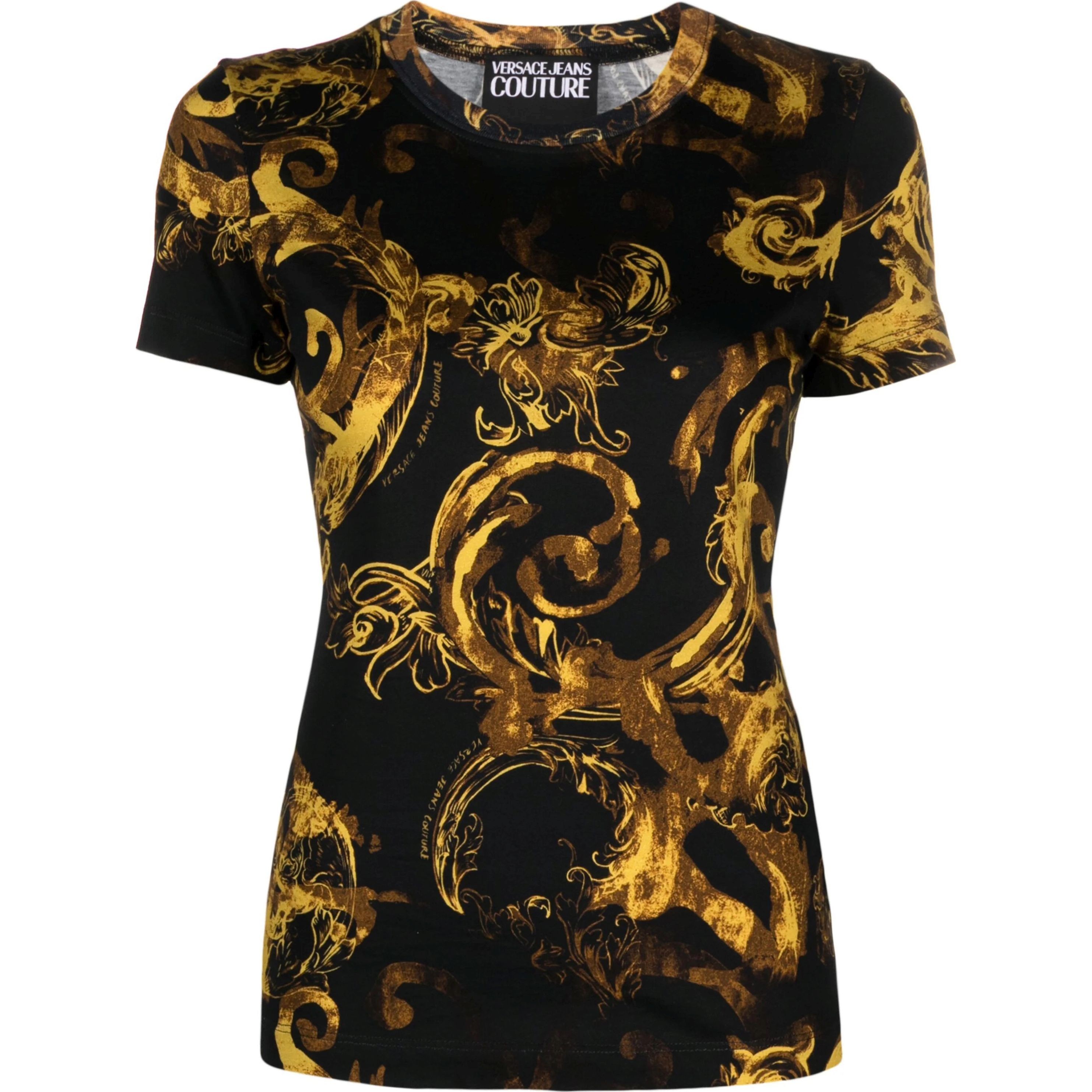 VERSACE JEANS CUTURE Marškinėliai trump. rankovėmis moterims, Juoda, Barocco-print cotton t-shirt