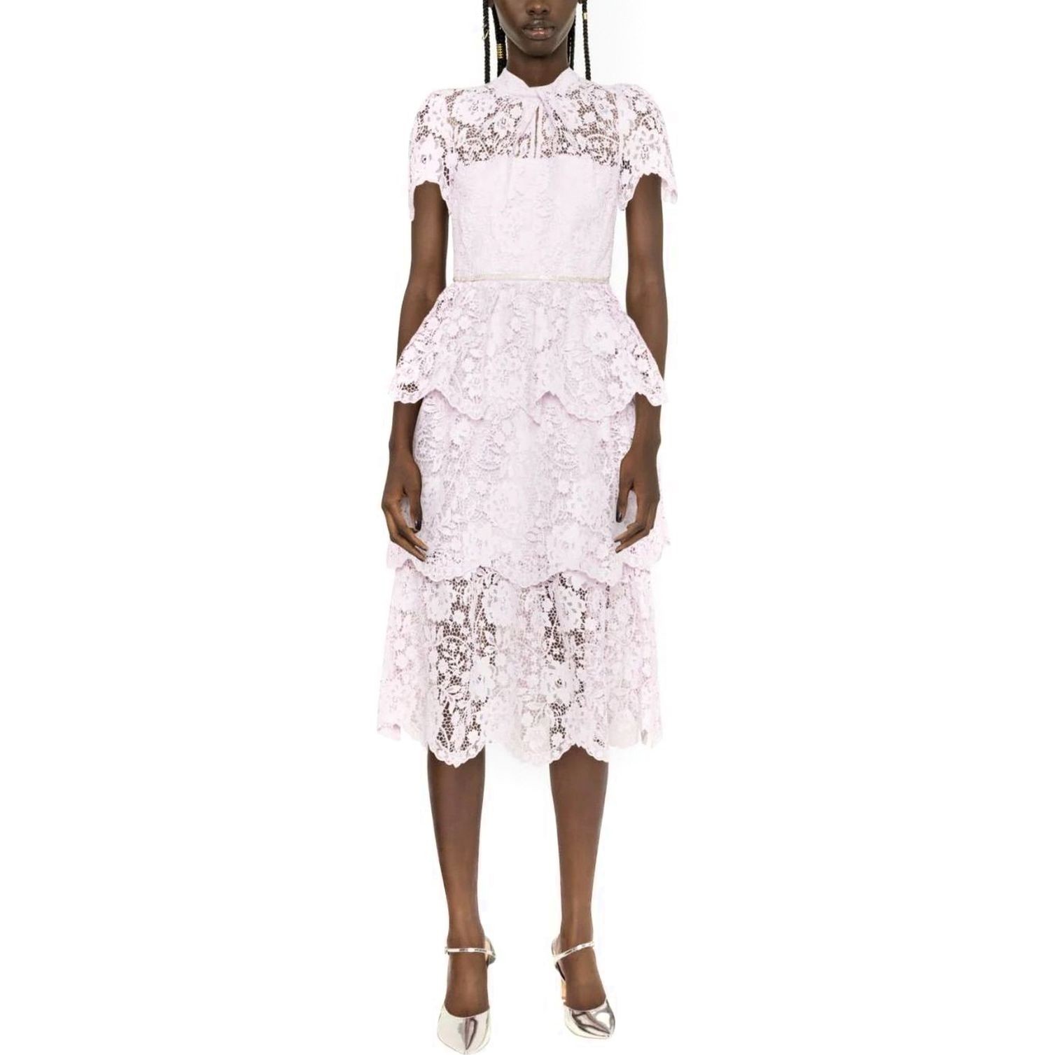 SELF PORTRAIT Midi suknelė moterims, Rožinė, Cord lace tiered midi dress 2