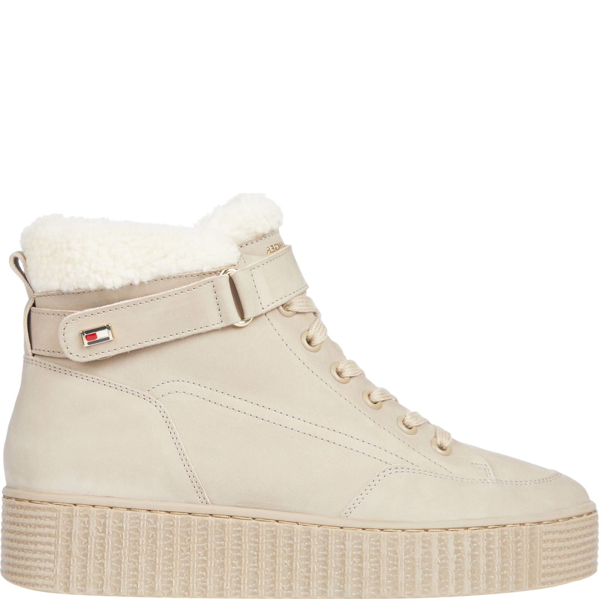 TOMMY HILFIGER Pašiltinti aulinukai moterims, Smėlio, Faux fur low lace-up booties 1