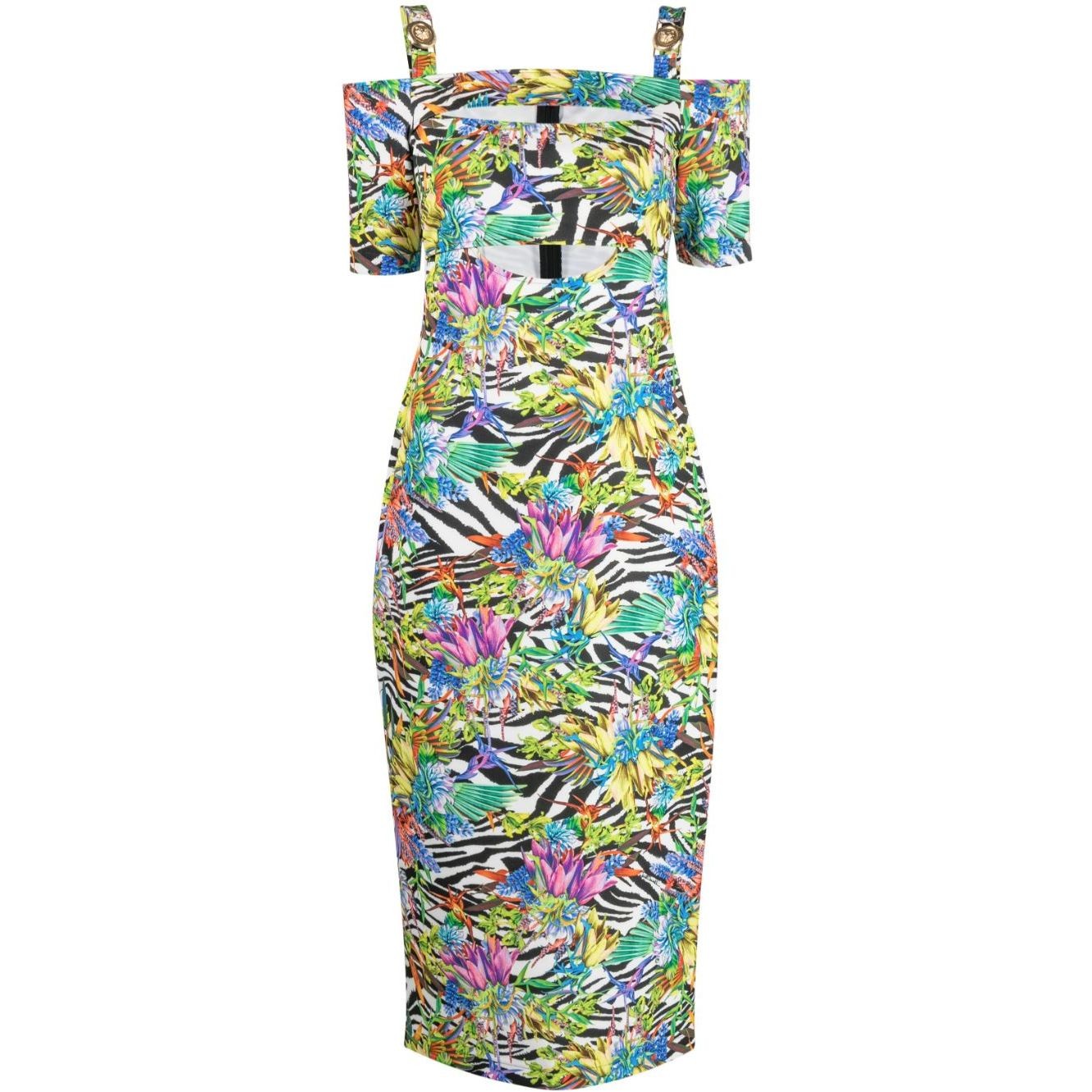 JUST CAVALLI Mini suknelė moterims, Juoda, Jungle flower dress
