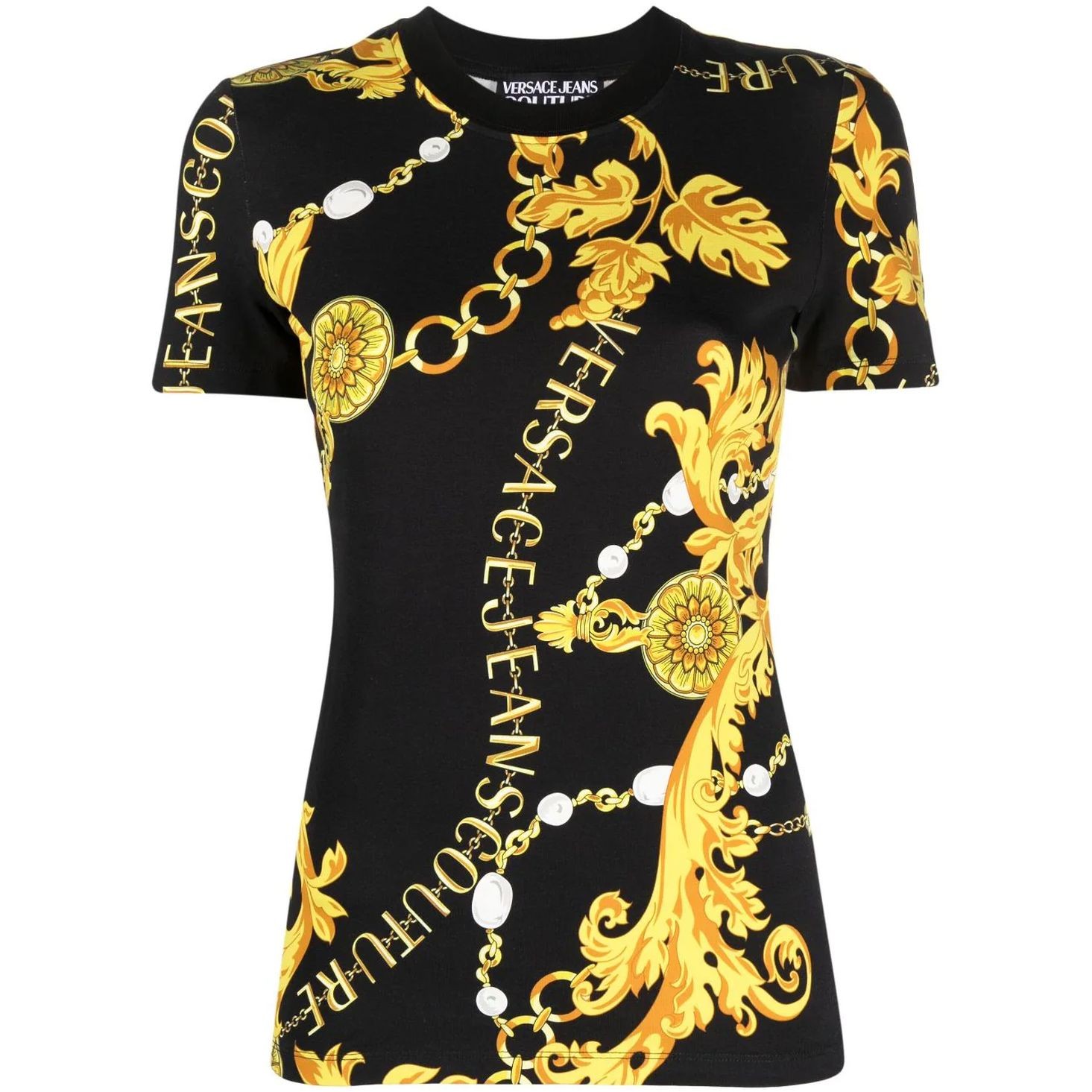 VERSACE JEANS CUTURE Marškinėliai trump. rankovėmis moterims, Juoda, Print chain t-shirt 1